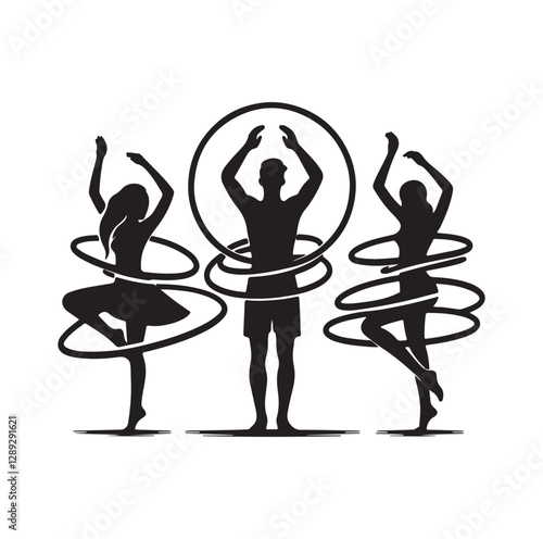 Men and women hula hooping silhouette vector illustration