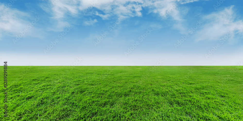 Obraz premium Green grassland landscape, clouds on blue sky panoramic background, outdoor atmosphere, refreshing and relaxing feeling.