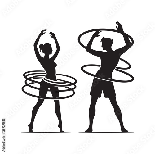 Men and women hula hooping silhouette vector illustration