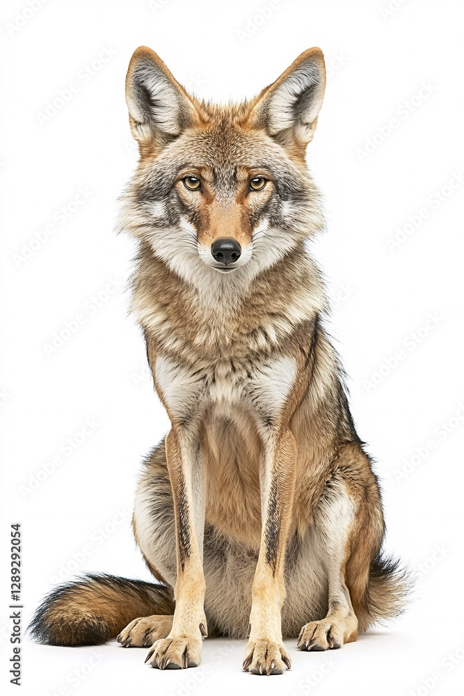 Fototapeta premium Coyote Sitting with Watchful Eyes on White Background