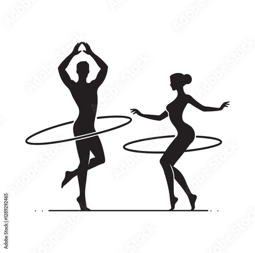 Men and women hula hooping silhouette vector illustration