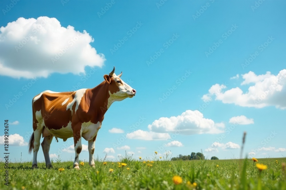 Cow gazing up at the vast expanse of the blue cloudy sky, landscape, wild, clouds Cow gazing up at the vast expanse of the blue cloudy sky, landscape, wild, clouds