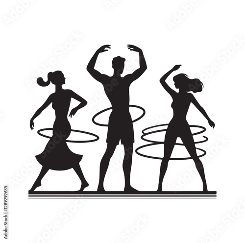 Men and women hula hooping silhouette vector illustration