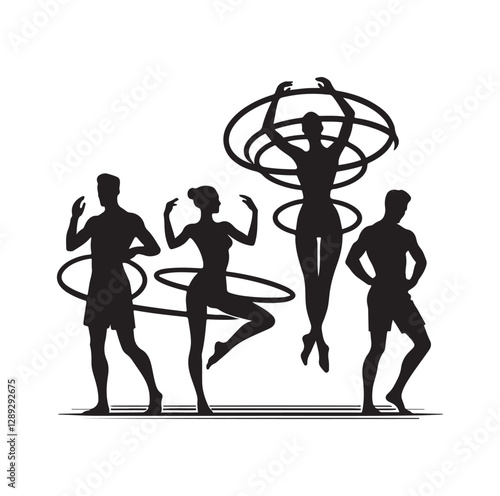 Men and women hula hooping silhouette vector illustration