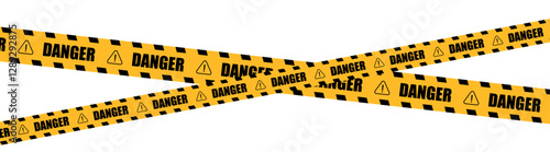 Yellow and black danger warning tape set: includes skull symbols for industrial safety, hazard areas, roads, and construction sites. Vector illustration on a transparent background.
