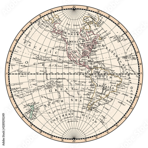 An old historical vintage map of the western hemisphere of the planet Earth with the names of continents, islands and oceans, and the routes of navigators.
