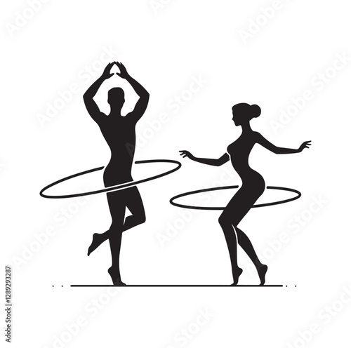 Men and women hula hooping silhouette vector illustration