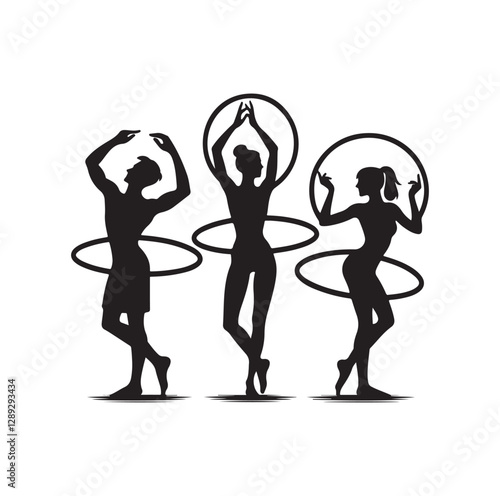 Men and women hula hooping silhouette vector illustration