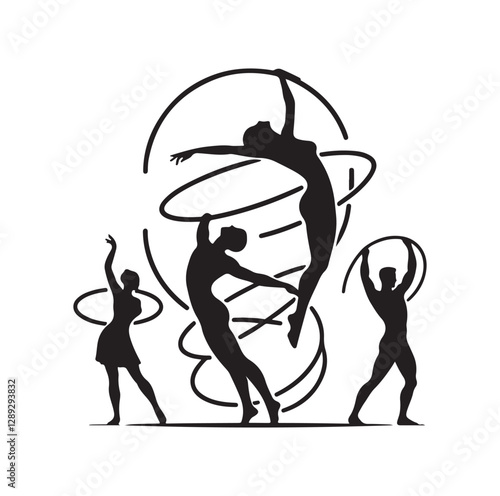 Men and women hula hooping silhouette vector illustration