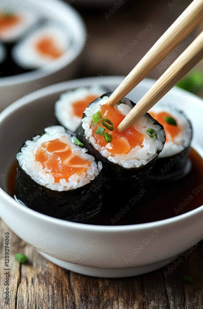 Close-Up View of Freshly Prepared Sushi Rolls with Salmon and Cucumbers in a Bowl with Soy Sauce and Chopsticks Ready for Enjoyment Close-Up View of Freshly Prepared Sushi Rolls with Salmon and Cucumbers in a Bowl with Soy Sauce and Chopsticks Ready for Enjoyment