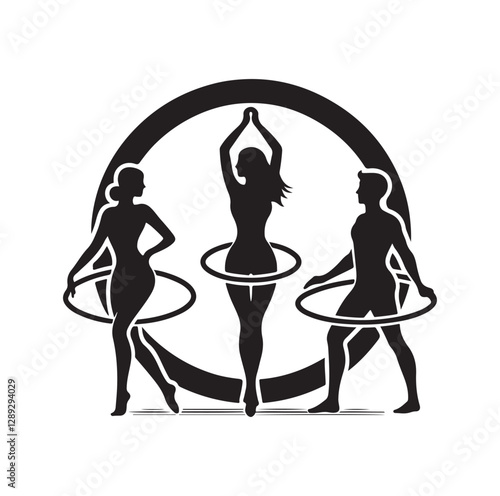 Men and women hula hooping silhouette vector illustration