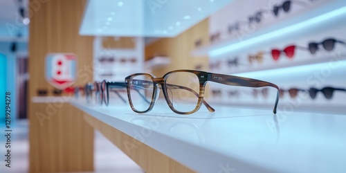 A stylish display of various eyewear in a modern shop. Different glasses are arranged neatly on a shelf, showcasing vibrant designs and colors. Perfect for fashion and accessories themes. AI