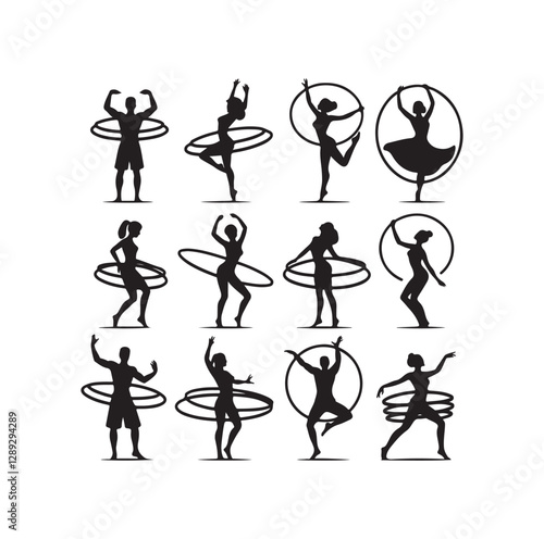 Men and women hula hooping silhouette vector illustration
