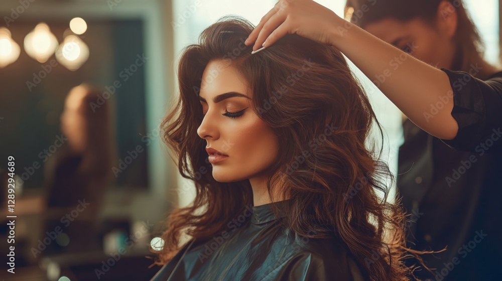 professional hairdresser styling a client's hair, focusing intently in a bright salon environment, no dark, no shadows professional hairdresser styling a client's hair, focusing intently in a bright salon environment, no dark, no shadows