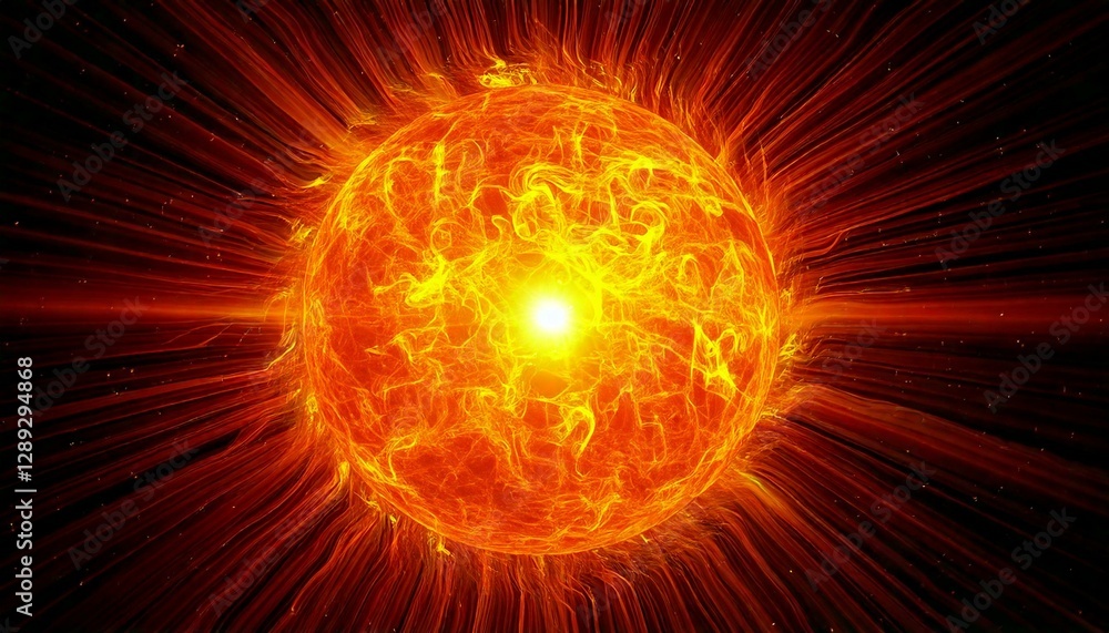 Fototapeta premium Sun and fire. Solar storm. Magnetic storm. Background with big sun. Energy of sun.