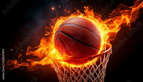 Basketball ball in fire. Basketball ball with flame flying into basketball ring. Basketball background. Burning basketball ball.