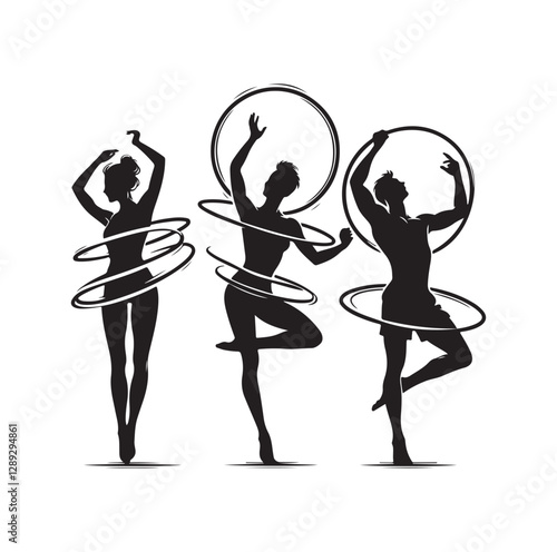 Men and women hula hooping silhouette vector illustration