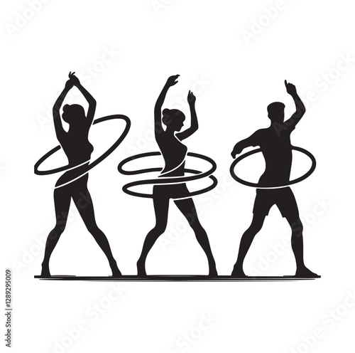 Men and women hula hooping silhouette vector illustration