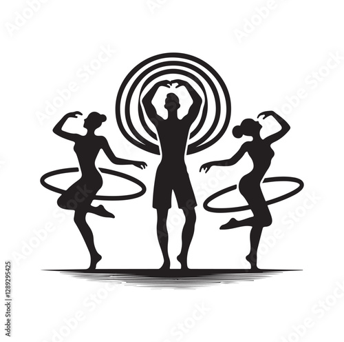Men and women hula hooping silhouette vector illustration