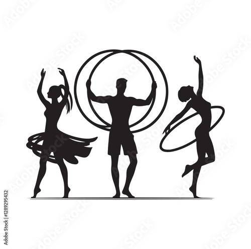 Men and women hula hooping silhouette vector illustration
