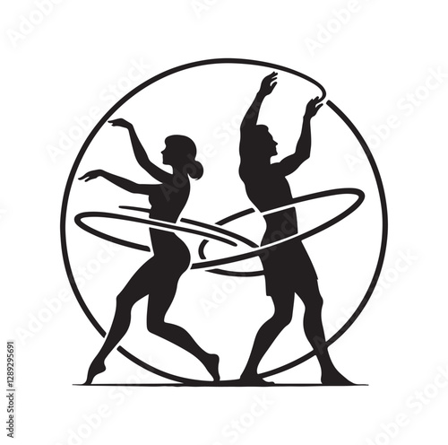 Men and women hula hooping silhouette vector illustration