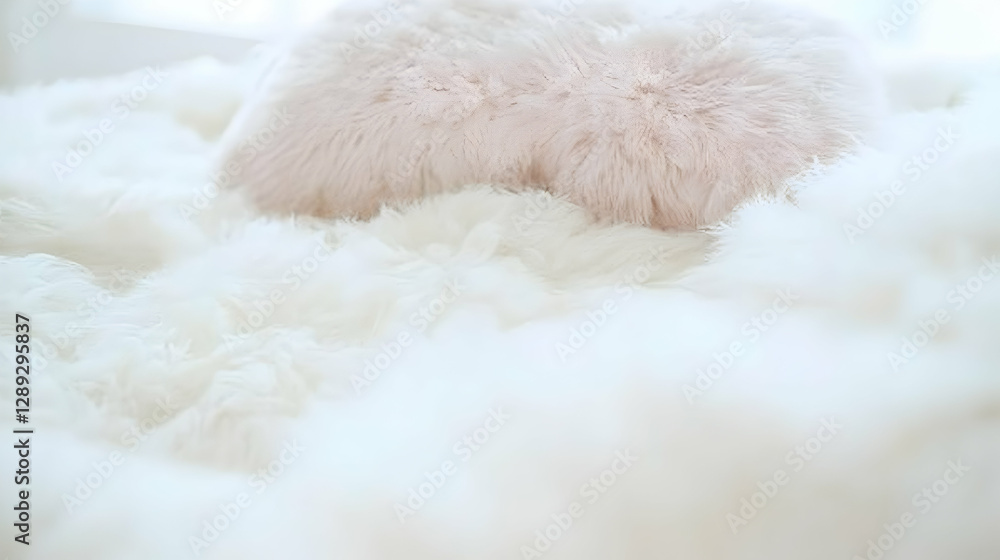 Pink fluffy pillow resting on white fur blanket, bright room, sunlight. Website, blog, or home decor Pink fluffy pillow resting on white fur blanket, bright room, sunlight. Website, blog, or home decor