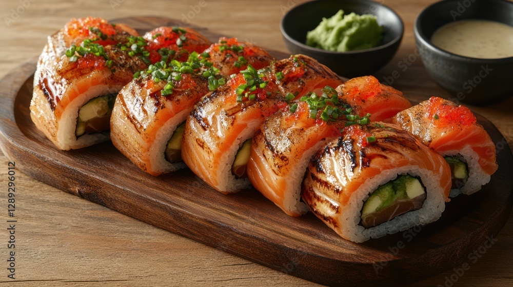 Grilled salmon sushi platter, restaurant, wooden table, sauces, menu Grilled salmon sushi platter, restaurant, wooden table, sauces, menu