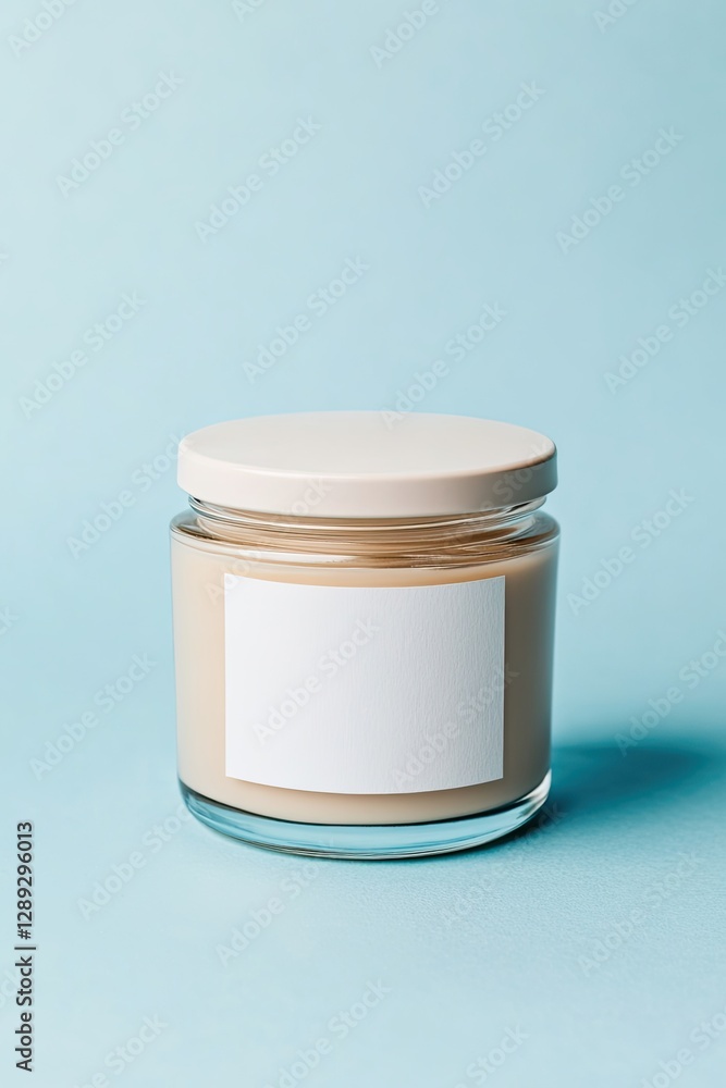 Minimalistic jar with smooth beige contents against soft blue ba Minimalistic jar with smooth beige contents against soft blue ba