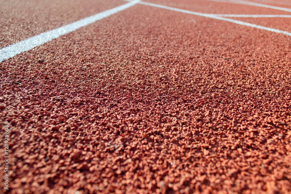 Running track at competition stadium. White stripe on red carpet going into the distance. White stripe on red carpet, close-up. Running track at competition stadium. White stripe on red carpet going into the distance. White stripe on red carpet, close-up.