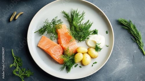 Fresh salmon fillet garnished with herbs, served with baby potat photo