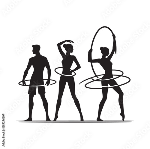 Men and women hula hooping silhouette vector illustration