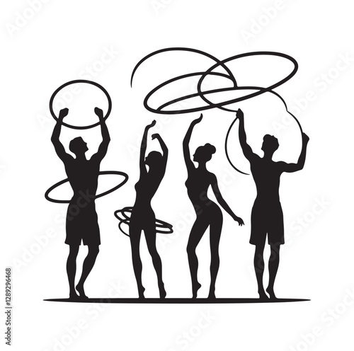 Men and women hula hooping silhouette vector illustration