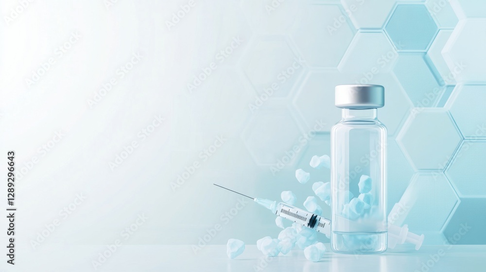 Medical vial and syringe on a futuristic hexagonal background in cool blue tones Medical vial and syringe on a futuristic hexagonal background in cool blue tones