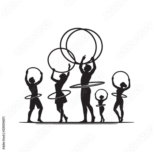 Men and women hula hooping silhouette vector illustration
