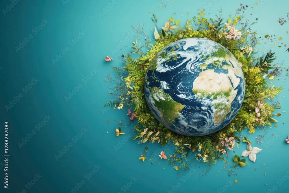 Fototapeta premium Planet Earth with flowers around the planet, blue background. Environmental theme.