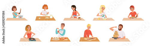 Man and Woman Cooking and Enjoy Culinary Process at Kitchen Vector Set