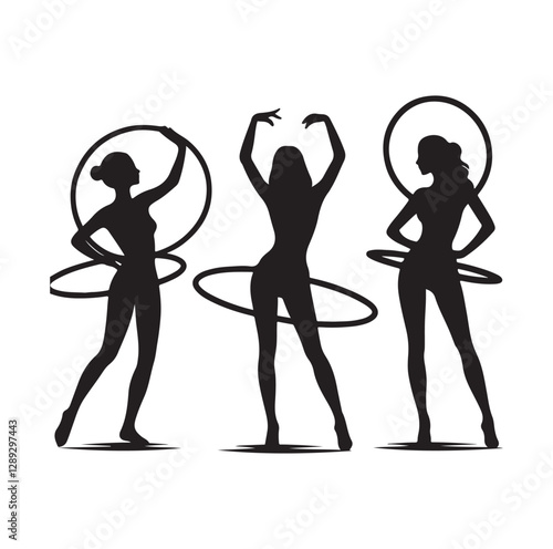 Men and women hula hooping silhouette vector illustration