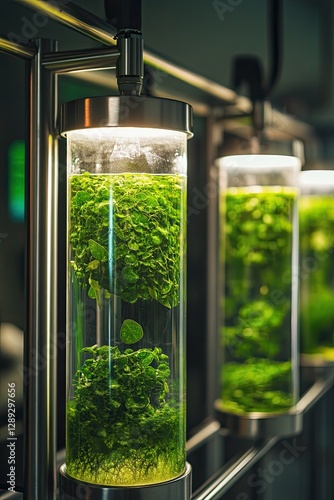 Lush green algae thriving in transparent tubes, showcasing innov