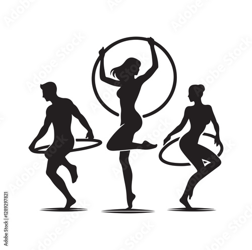 Men and women hula hooping silhouette vector illustration