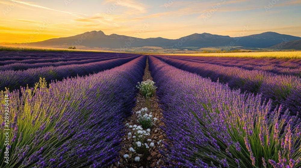 Fototapeta premium Serene lavender fields stretch under vibrant sunset, creating tr