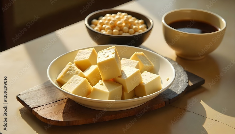 Tofu en cubos en un tazón blanco, tofu en rodajas en un plato marrón, soja en un tazón negro y salsa de soja en un recipiente beige sobre una mesa beige Tofu en cubos en un tazón blanco, tofu en rodajas en un plato marrón, soja en un tazón negro y salsa de soja en un recipiente beige sobre una mesa beige