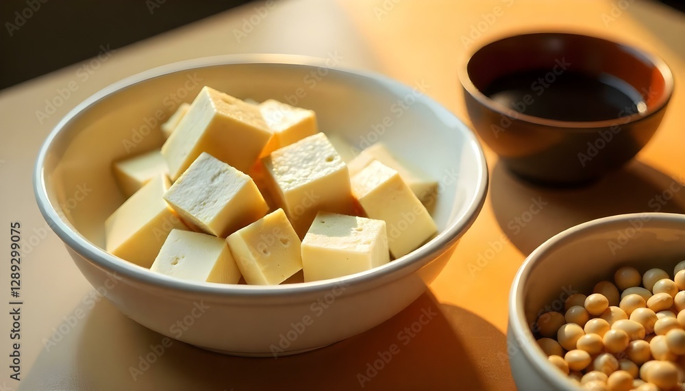 Tofu en cubos en un tazón blanco, tofu en rodajas en un plato marrón, soja en un tazón negro y salsa de soja en un recipiente beige sobre una mesa beige Tofu en cubos en un tazón blanco, tofu en rodajas en un plato marrón, soja en un tazón negro y salsa de soja en un recipiente beige sobre una mesa beige