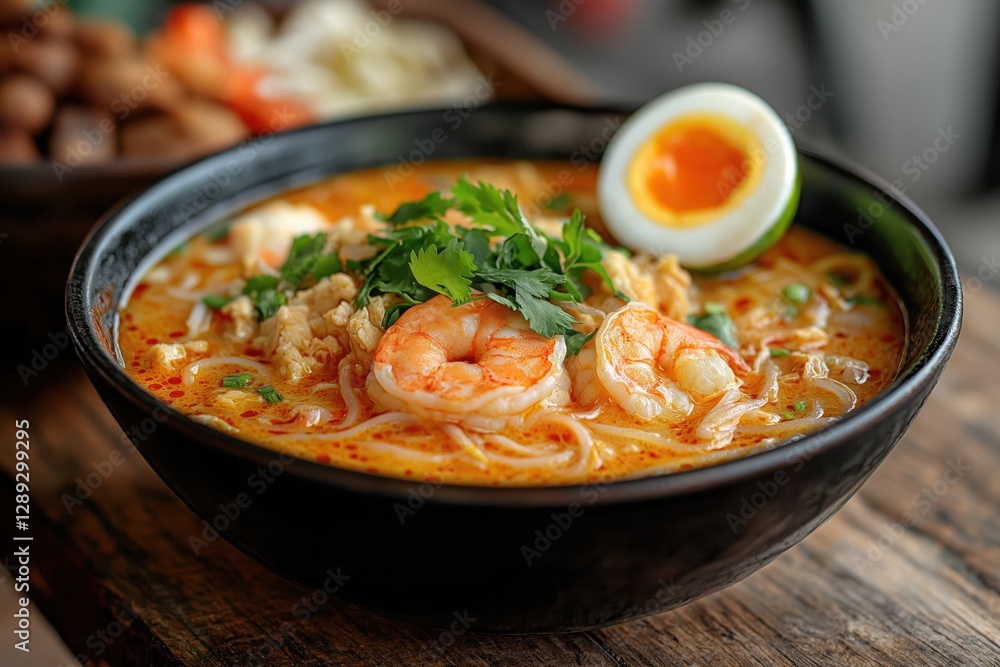 Steaming Laksa with shrimp, chicken, and rich coconut broth on table Steaming Laksa with shrimp, chicken, and rich coconut broth on table