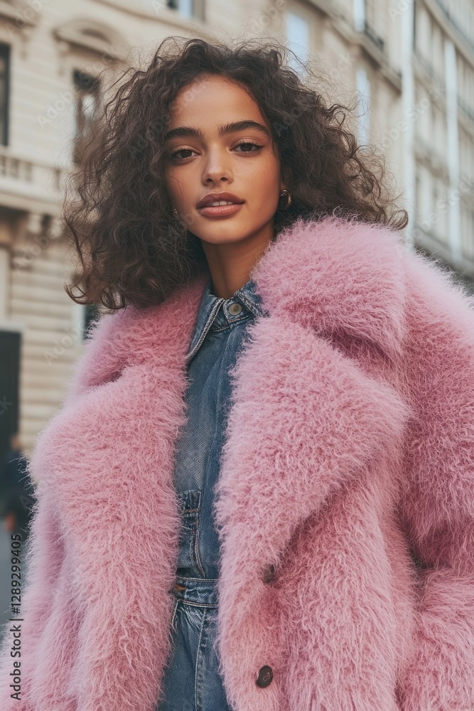 Stylish woman in pink fluffy coat exudes confidence against urba Stylish woman in pink fluffy coat exudes confidence against urba