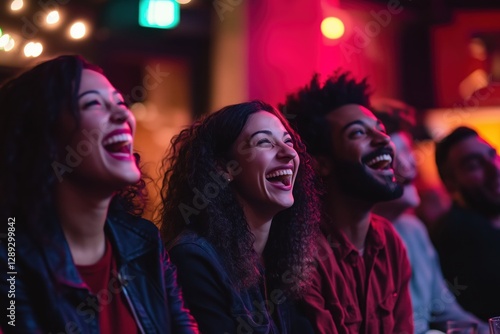 Group of diverse friends enjoying a night filled with laughter at a comedy show in a vibrant venue