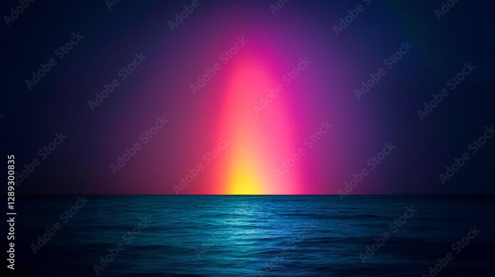 A vibrant, colorful light emerges above dark ocean waters, creating a serene and mystical atmosphere at dusk. A vibrant, colorful light emerges above dark ocean waters, creating a serene and mystical atmosphere at dusk.
