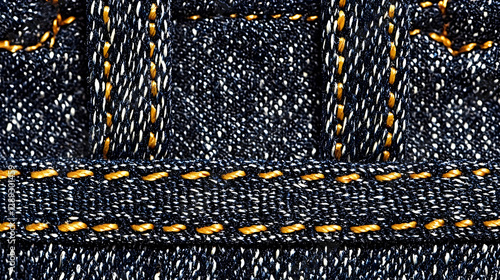 Denim texture close-up, golden stitching detail, fabric background, apparel design
