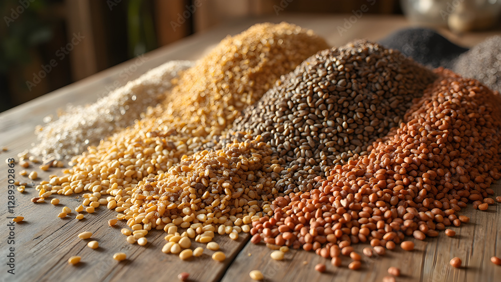 Spilled Grains on Farmhouse Table. Colorful Pulses and Grains Mix. Rustic Kitchen Decor Inspiration. Ultra Realistic Photography of Food. Spilled Grains on Farmhouse Table. Colorful Pulses and Grains Mix. Rustic Kitchen Decor Inspiration. Ultra Realistic Photography of Food.