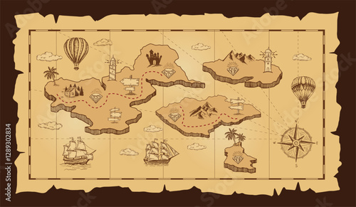 Pirate treasure map on white. Hand-drawn illustrations.	
