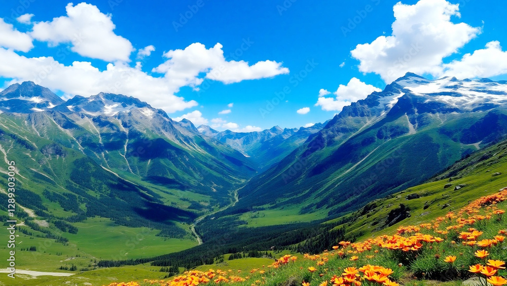 Fototapeta premium Stunning Mountain Valley with Wildflowers and Snow-Capped Peaks